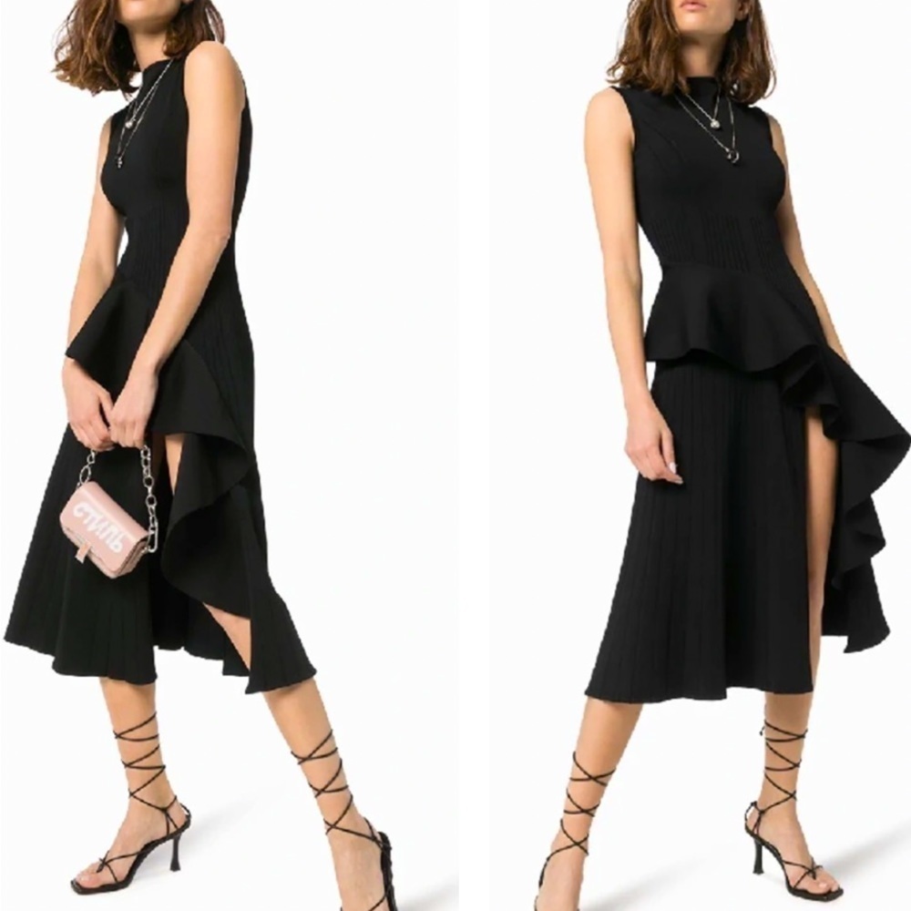 Off-White c/o Virgil Abloh Dress Asymmetric Ruffle High Leg Slit Black SZ 6 (42)